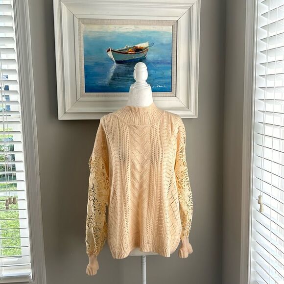 Boho Cream Yellow Fall Crocheted Lace Turtleneck Sweater medium - Picture 2 of 13
